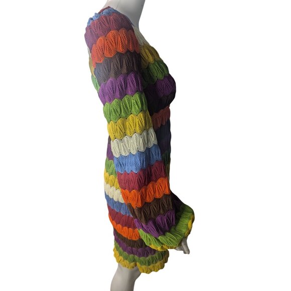 Judith March Mini Dress Sz S Multicolor Striped Crochet Retro Hippie Artsy - Picture 10 of 11